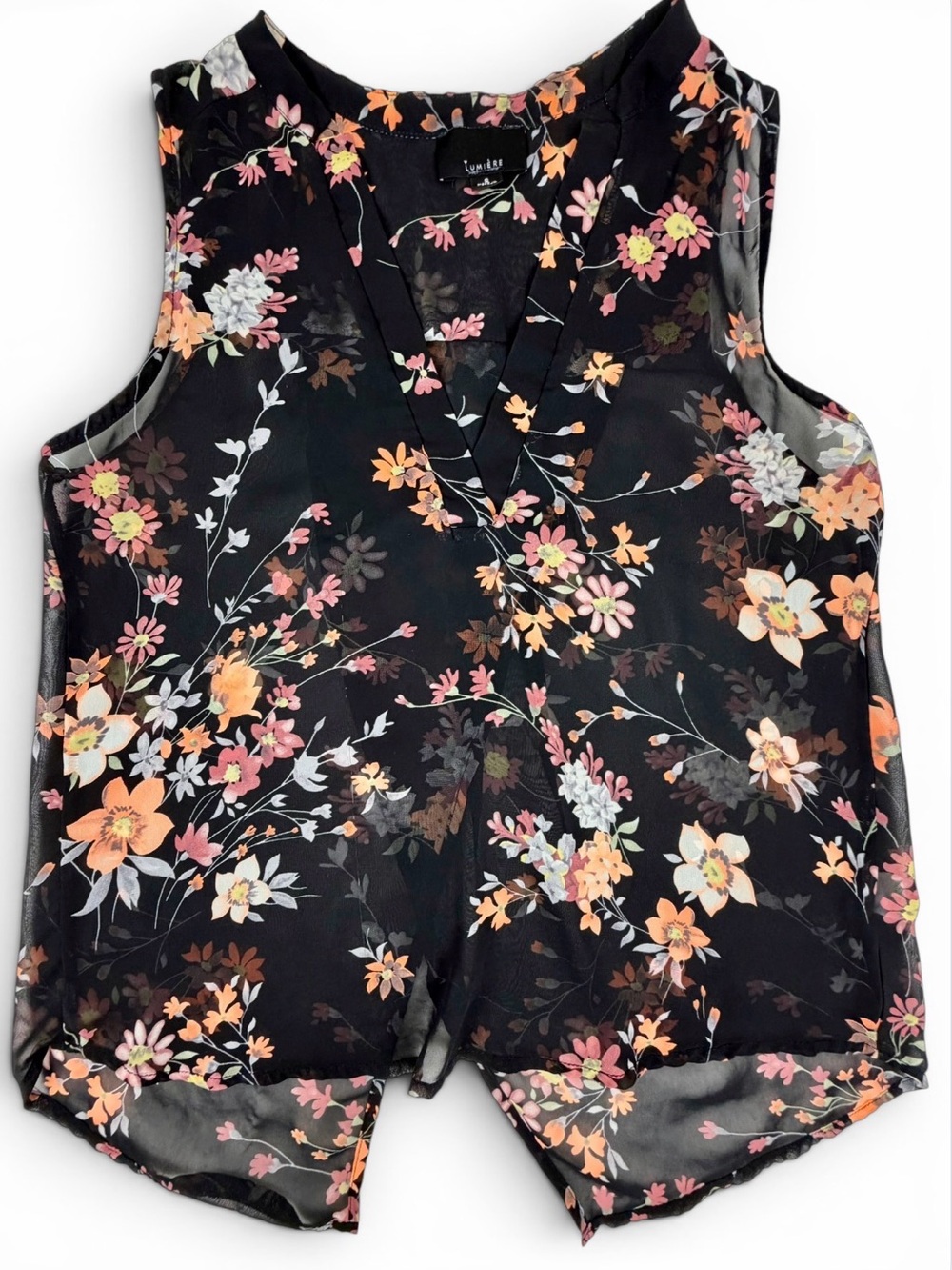 Lumiere Sheer Floral Sleeveless Blouse Black V Neck‎ Hi Low Top Size S